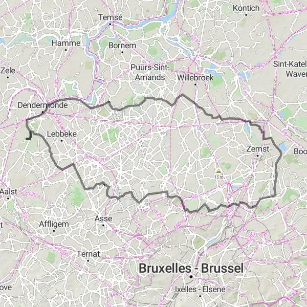 Miniatuurkaart van de fietsinspiratie "Fietsrit rond Oudegem naar Mespelare" in Prov. Oost-Vlaanderen, Belgium. Gemaakt door de Tarmacs.app fietsrouteplanner