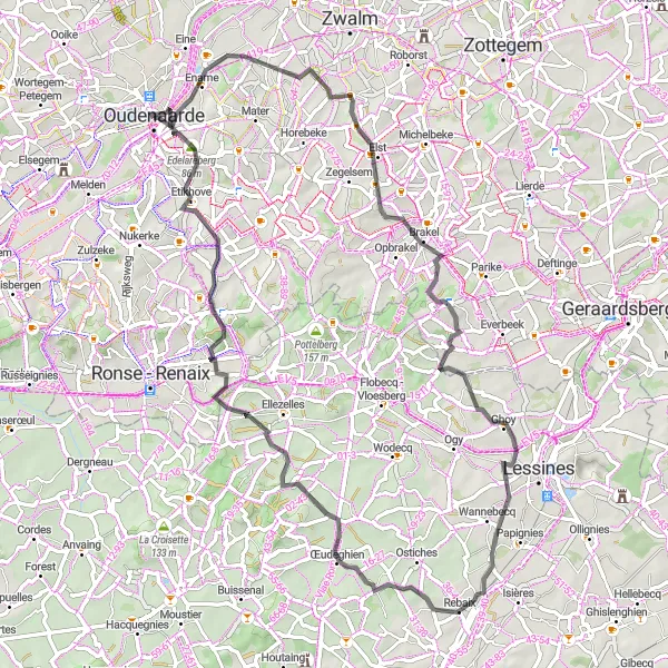 Karten-Miniaturansicht der Radinspiration "Herausfordernde Tour um Oudenaarde" in Prov. Oost-Vlaanderen, Belgium. Erstellt vom Tarmacs.app-Routenplaner für Radtouren