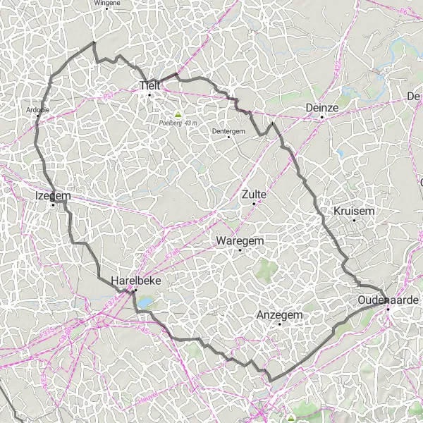 Map miniature of "Oudenaarde to Tielt Circular Route" cycling inspiration in Prov. Oost-Vlaanderen, Belgium. Generated by Tarmacs.app cycling route planner