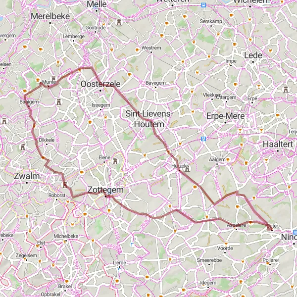 Map miniature of "Scenic Gravel Ride" cycling inspiration in Prov. Oost-Vlaanderen, Belgium. Generated by Tarmacs.app cycling route planner