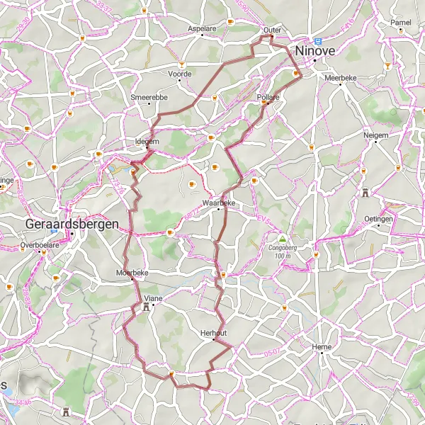 Miniatuurkaart van de fietsinspiratie "42 km Pollare naar Outer" in Prov. Oost-Vlaanderen, Belgium. Gemaakt door de Tarmacs.app fietsrouteplanner
