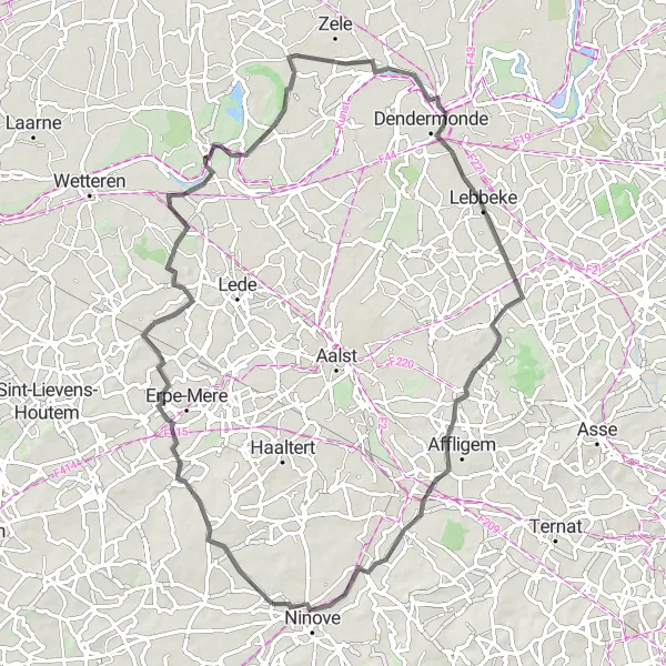 Miniatuurkaart van de fietsinspiratie "Rondje Bambrugge - Uitbergen - Sint-Gillis-bij-Dendermonde - Hekelgem - Outer" in Prov. Oost-Vlaanderen, Belgium. Gemaakt door de Tarmacs.app fietsrouteplanner