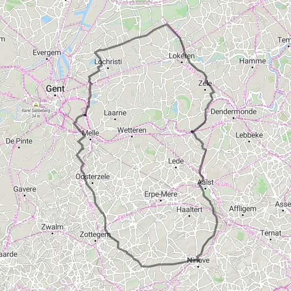 Karten-Miniaturansicht der Radinspiration "Straßenroute Grotenberge - Moortsele - Hijfte - Zele - Schoonaarde - Ninove" in Prov. Oost-Vlaanderen, Belgium. Erstellt vom Tarmacs.app-Routenplaner für Radtouren