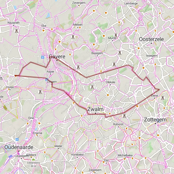 Map miniature of "Gravel Ride to Gavere and Zingem" cycling inspiration in Prov. Oost-Vlaanderen, Belgium. Generated by Tarmacs.app cycling route planner