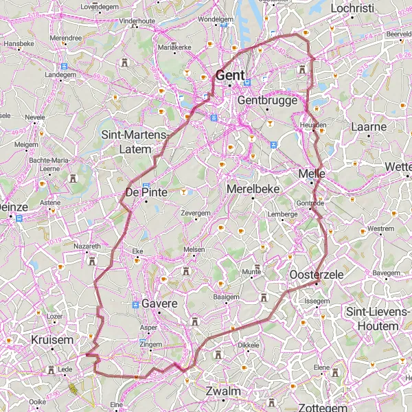 Map miniature of "Gavere to Destelbergen Gravel Route" cycling inspiration in Prov. Oost-Vlaanderen, Belgium. Generated by Tarmacs.app cycling route planner