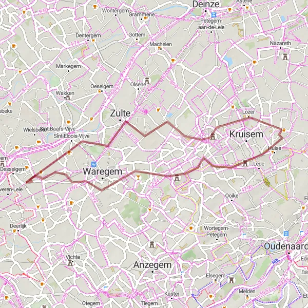 Miniatuurkaart van de fietsinspiratie "Grindpaden van Ouwegem naar Kruishoutem" in Prov. Oost-Vlaanderen, Belgium. Gemaakt door de Tarmacs.app fietsrouteplanner