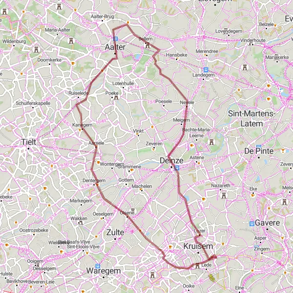 Miniatuurkaart van de fietsinspiratie "Ouwegem - Kruishoutem - Aalter - Nevele Route" in Prov. Oost-Vlaanderen, Belgium. Gemaakt door de Tarmacs.app fietsrouteplanner