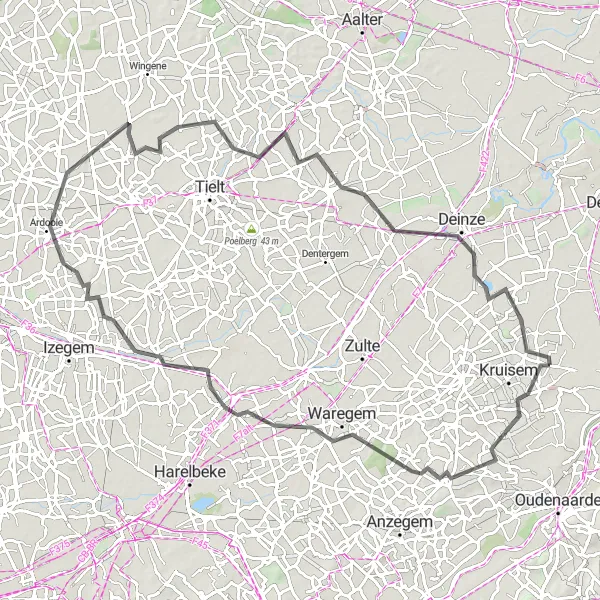 Map miniature of "Road Cycling Adventure through Waregem and Deinze" cycling inspiration in Prov. Oost-Vlaanderen, Belgium. Generated by Tarmacs.app cycling route planner