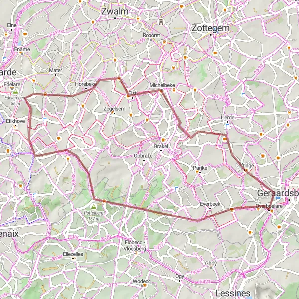 Miniatuurkaart van de fietsinspiratie "Gravelroute naar La Houppe en Michelbeke" in Prov. Oost-Vlaanderen, Belgium. Gemaakt door de Tarmacs.app fietsrouteplanner