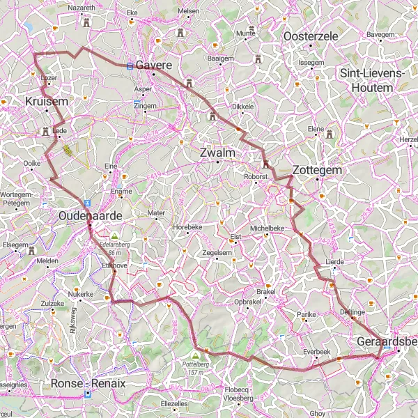 Map miniature of "Gravel Odyssey in the Heart of Flanders" cycling inspiration in Prov. Oost-Vlaanderen, Belgium. Generated by Tarmacs.app cycling route planner