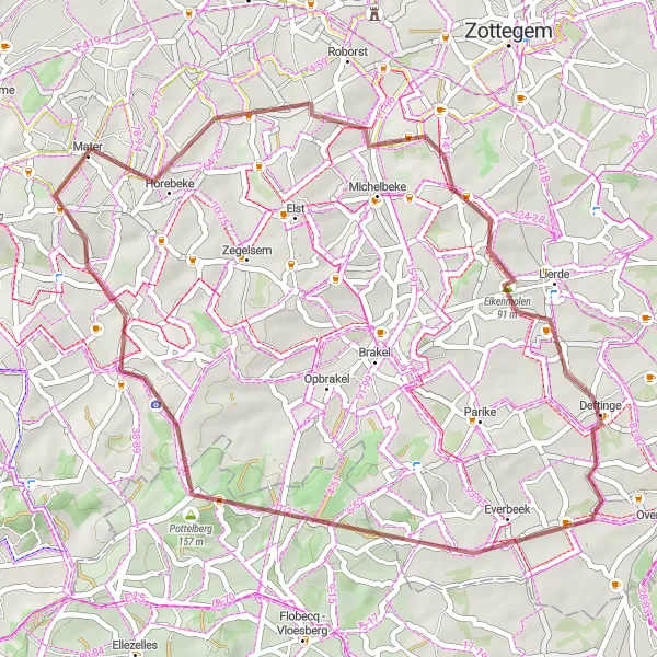 Miniatuurkaart van de fietsinspiratie "Gravelfietsen door de Vlaamse Ardennen van Overboelare naar Deftinge" in Prov. Oost-Vlaanderen, Belgium. Gemaakt door de Tarmacs.app fietsrouteplanner