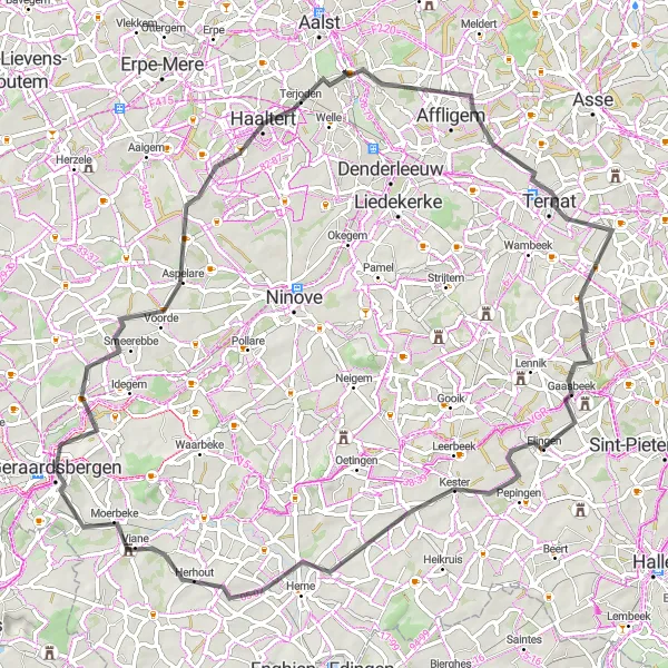 Miniatuurkaart van de fietsinspiratie "Tocht naar Herne en Pepingen vanuit Geraardsbergen" in Prov. Oost-Vlaanderen, Belgium. Gemaakt door de Tarmacs.app fietsrouteplanner