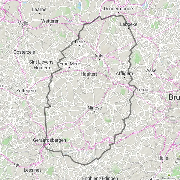 Miniature de la carte de l'inspiration cycliste "Le Tour de Gooik" dans la Prov. Oost-Vlaanderen, Belgium. Générée par le planificateur d'itinéraire cycliste Tarmacs.app