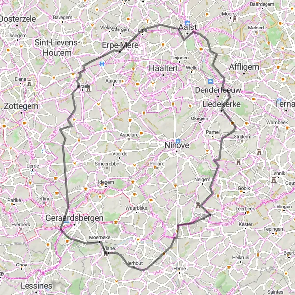 Miniatuurkaart van de fietsinspiratie "Aalst en omstreken" in Prov. Oost-Vlaanderen, Belgium. Gemaakt door de Tarmacs.app fietsrouteplanner