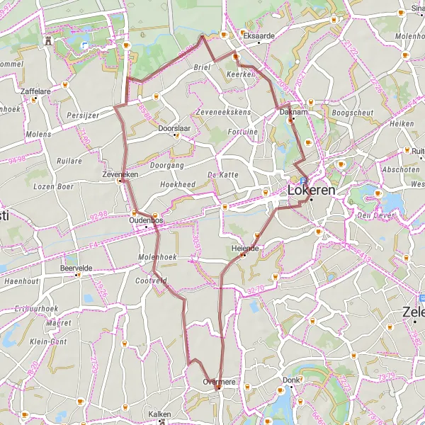 Map miniature of "Gravel Adventure to Zeveneken" cycling inspiration in Prov. Oost-Vlaanderen, Belgium. Generated by Tarmacs.app cycling route planner