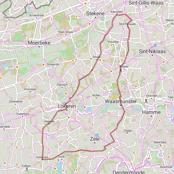 Miniature de la carte de l'inspiration cycliste "La Boucle des Polders" dans la Prov. Oost-Vlaanderen, Belgium. Générée par le planificateur d'itinéraire cycliste Tarmacs.app