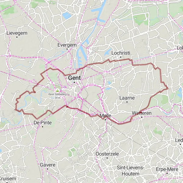 Map miniature of "Charming Gravel Experience: Kalken to Mariakerke" cycling inspiration in Prov. Oost-Vlaanderen, Belgium. Generated by Tarmacs.app cycling route planner