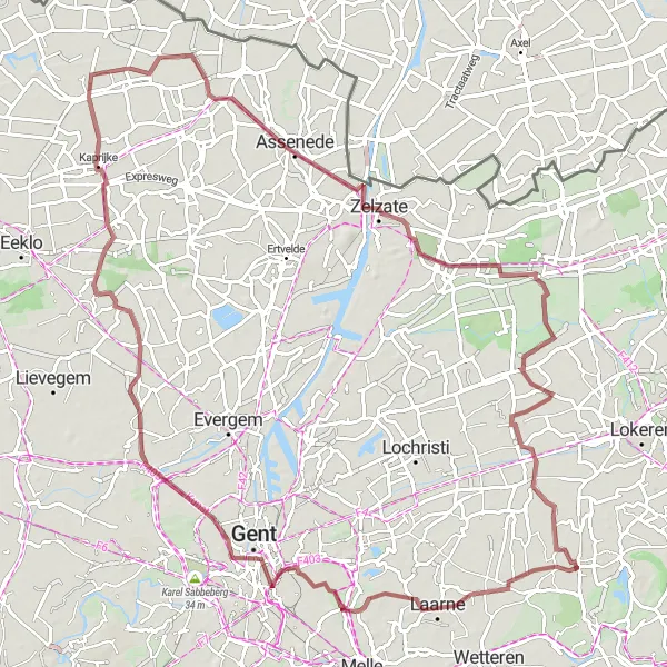 Map miniature of "Magical Gravel Exploration: Laarne to Doorslaar" cycling inspiration in Prov. Oost-Vlaanderen, Belgium. Generated by Tarmacs.app cycling route planner
