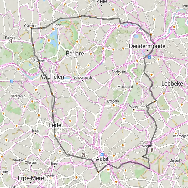 Map miniature of "Road Cycling Explorations near Overmere" cycling inspiration in Prov. Oost-Vlaanderen, Belgium. Generated by Tarmacs.app cycling route planner