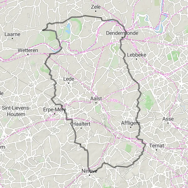 Map miniature of "Kalken and Ottergem Circular Road Route" cycling inspiration in Prov. Oost-Vlaanderen, Belgium. Generated by Tarmacs.app cycling route planner