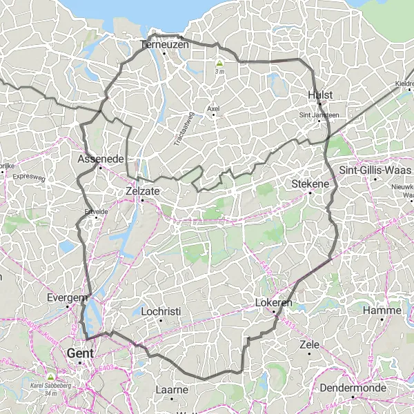 Miniatuurkaart van de fietsinspiratie "Wegroute langs historische pareltjes" in Prov. Oost-Vlaanderen, Belgium. Gemaakt door de Tarmacs.app fietsrouteplanner