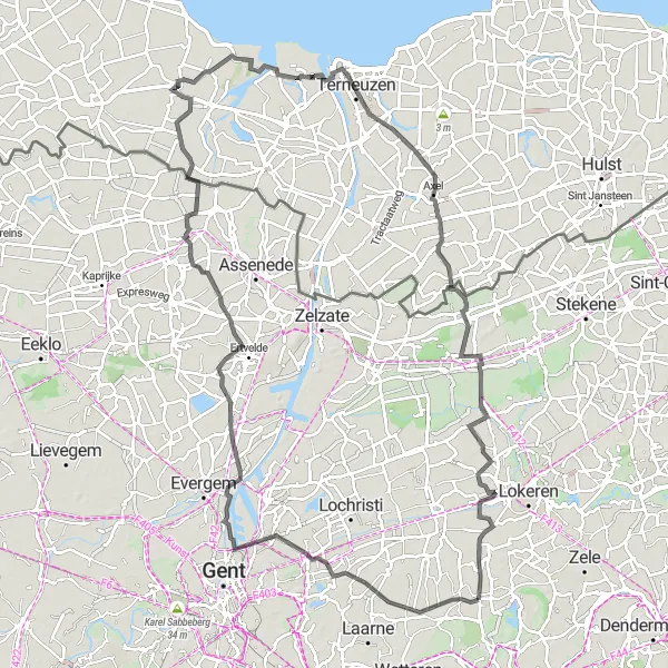 Map miniature of "Scenic Road Tour: Langerbrugge to Moerbeke" cycling inspiration in Prov. Oost-Vlaanderen, Belgium. Generated by Tarmacs.app cycling route planner