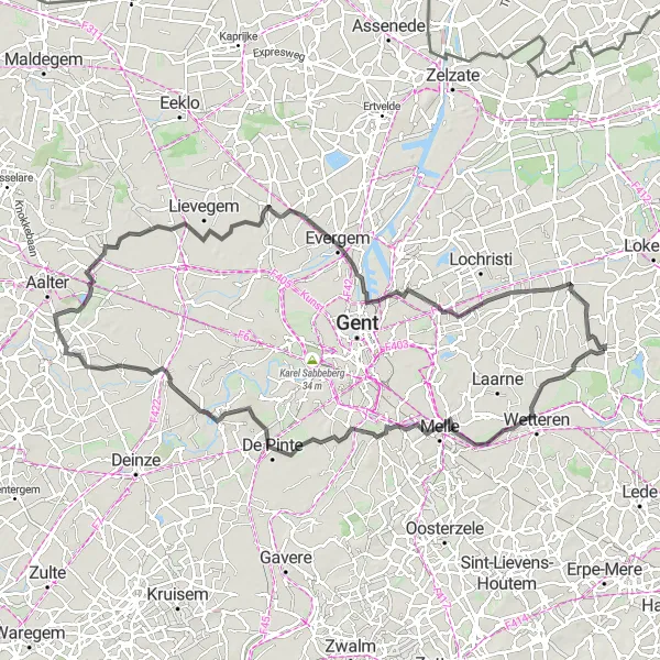 Map miniature of "Road Cycling Route with Belgian Attractions" cycling inspiration in Prov. Oost-Vlaanderen, Belgium. Generated by Tarmacs.app cycling route planner