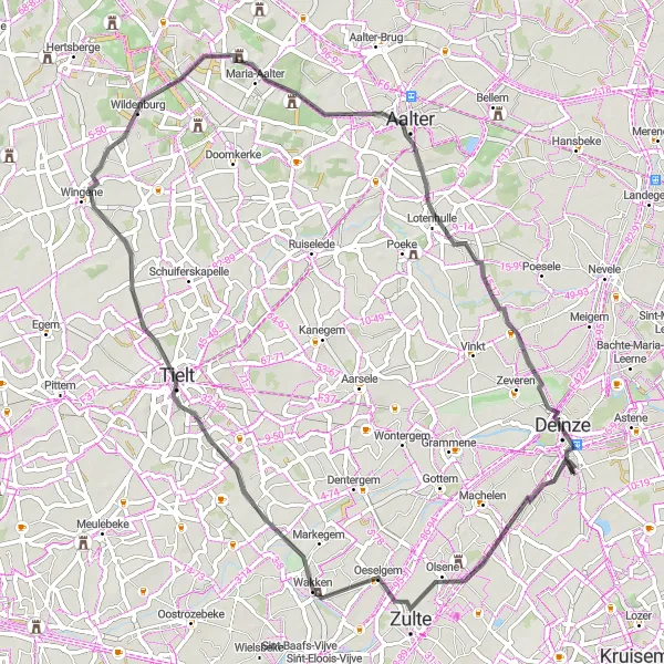 Miniatuurkaart van de fietsinspiratie "Cycling route van Wakken naar Deinze" in Prov. Oost-Vlaanderen, Belgium. Gemaakt door de Tarmacs.app fietsrouteplanner