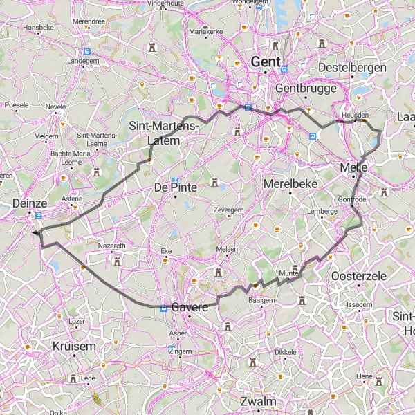 Map miniature of "Gontrode and Munte Road Loop" cycling inspiration in Prov. Oost-Vlaanderen, Belgium. Generated by Tarmacs.app cycling route planner