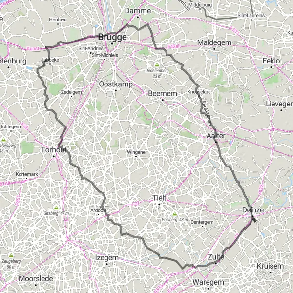 Map miniature of "Three-Town Tour" cycling inspiration in Prov. Oost-Vlaanderen, Belgium. Generated by Tarmacs.app cycling route planner