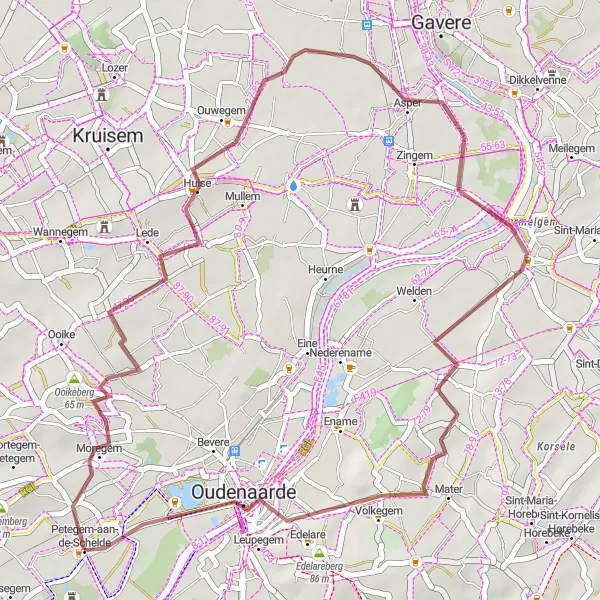 Map miniature of "Scenic Gravel Ride near Petegem-aan-de-Schelde" cycling inspiration in Prov. Oost-Vlaanderen, Belgium. Generated by Tarmacs.app cycling route planner