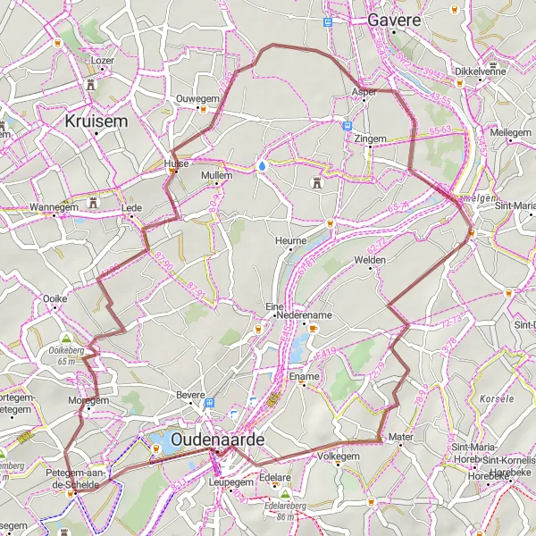 Miniatuurkaart van de fietsinspiratie "Gravelroute van Petegem-aan-de-Schelde naar Welden" in Prov. Oost-Vlaanderen, Belgium. Gemaakt door de Tarmacs.app fietsrouteplanner