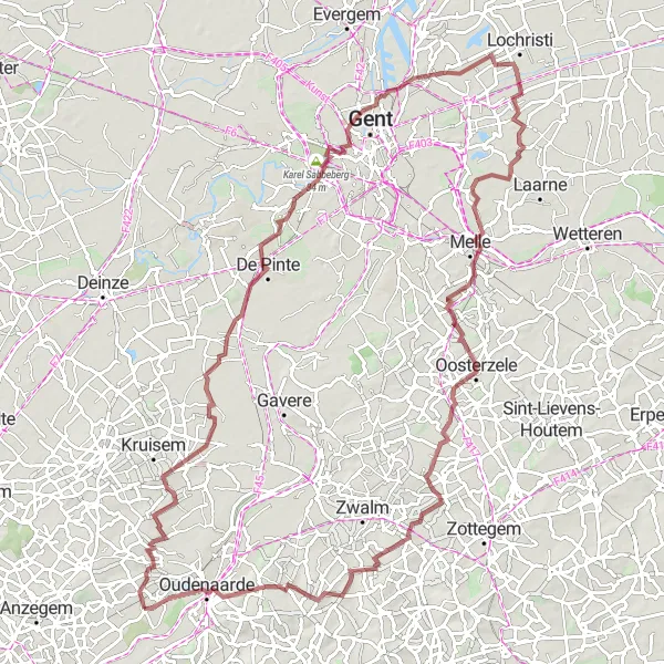 Karten-Miniaturansicht der Radinspiration "Gravelroute durch Huise und Heusden" in Prov. Oost-Vlaanderen, Belgium. Erstellt vom Tarmacs.app-Routenplaner für Radtouren
