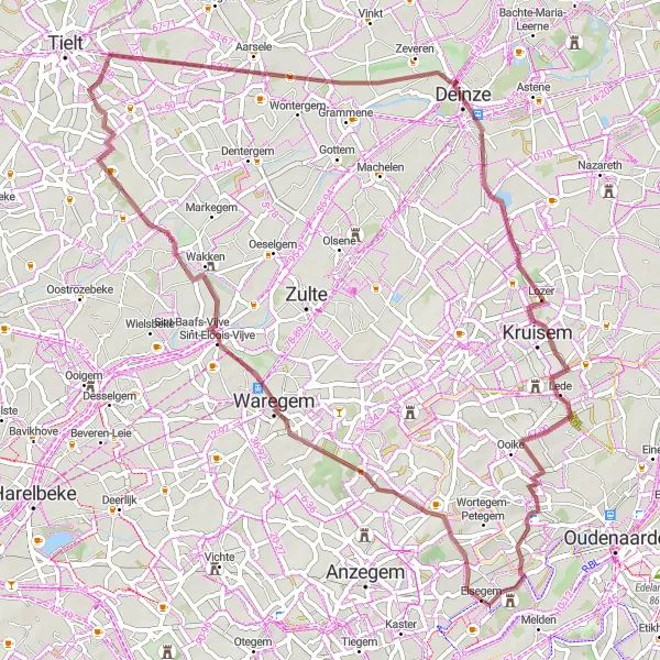 Map miniature of "Gravel Adventure to Kruisem" cycling inspiration in Prov. Oost-Vlaanderen, Belgium. Generated by Tarmacs.app cycling route planner