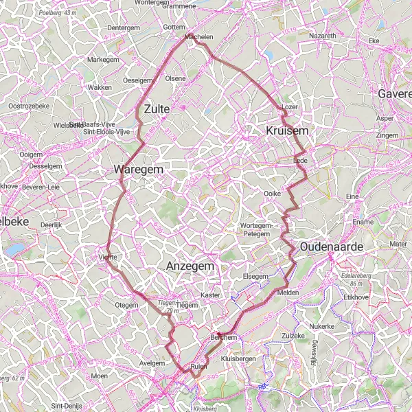 Map miniature of "Scenic Gravel Ride through Ruien" cycling inspiration in Prov. Oost-Vlaanderen, Belgium. Generated by Tarmacs.app cycling route planner