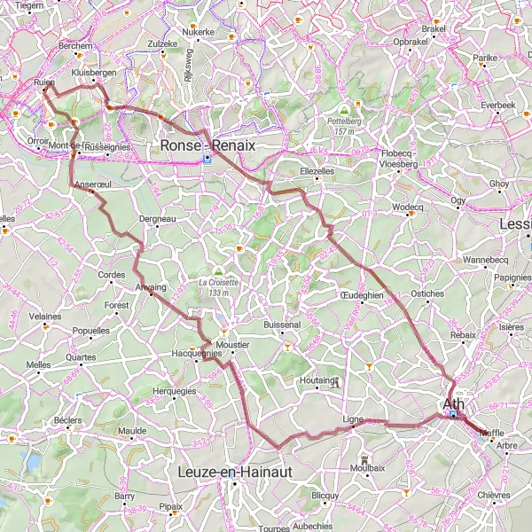 Karten-Miniaturansicht der Radinspiration "Abenteuerliche Tour durch die Hügel von Ruien" in Prov. Oost-Vlaanderen, Belgium. Erstellt vom Tarmacs.app-Routenplaner für Radtouren