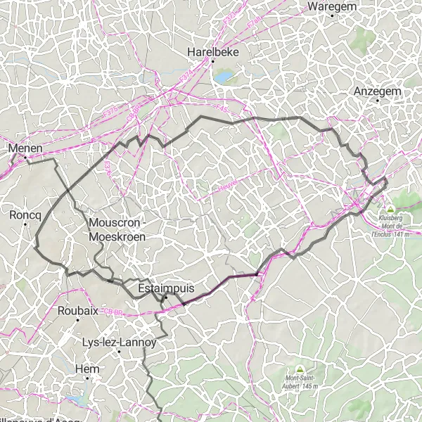 Map miniature of "Ruien to Zwevegem Loop" cycling inspiration in Prov. Oost-Vlaanderen, Belgium. Generated by Tarmacs.app cycling route planner