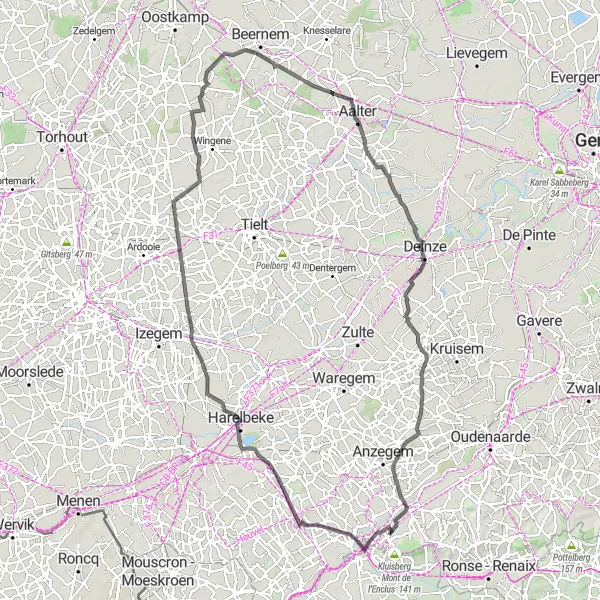 Miniature de la carte de l'inspiration cycliste "La campagne flamande en long" dans la Prov. Oost-Vlaanderen, Belgium. Générée par le planificateur d'itinéraire cycliste Tarmacs.app