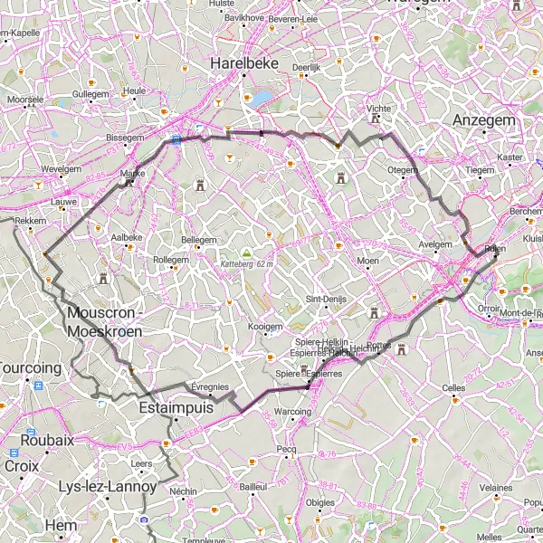 Miniature de la carte de l'inspiration cycliste "Les rives de la Lys" dans la Prov. Oost-Vlaanderen, Belgium. Générée par le planificateur d'itinéraire cycliste Tarmacs.app