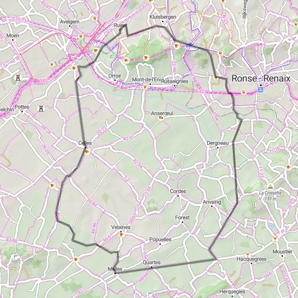 Map miniature of "Scenic Road Cycling Tour near Ruien" cycling inspiration in Prov. Oost-Vlaanderen, Belgium. Generated by Tarmacs.app cycling route planner