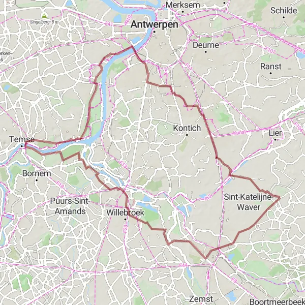 Miniatuurkaart van de fietsinspiratie "Gravelavontuur naar Sint-Romboutstoren" in Prov. Oost-Vlaanderen, Belgium. Gemaakt door de Tarmacs.app fietsrouteplanner