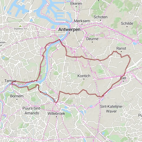 Map miniature of "Gravel route from Rupelmonde to Buitenland" cycling inspiration in Prov. Oost-Vlaanderen, Belgium. Generated by Tarmacs.app cycling route planner