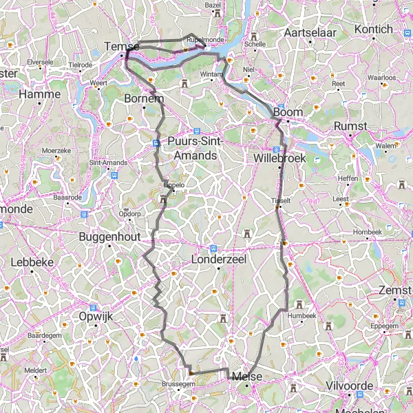 Miniature de la carte de l'inspiration cycliste "La Boucle de Kapelle-op-den-Bos" dans la Prov. Oost-Vlaanderen, Belgium. Générée par le planificateur d'itinéraire cycliste Tarmacs.app