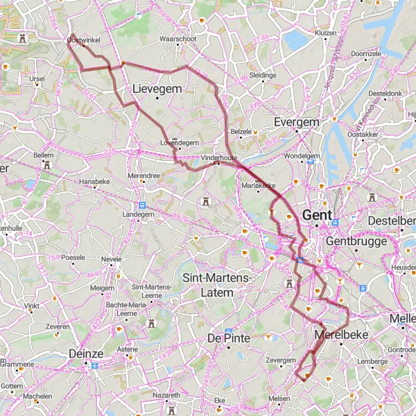 Karten-Miniaturansicht der Radinspiration "Gravelroute von Schelderode nach Kasteeldomein Blauwhuys" in Prov. Oost-Vlaanderen, Belgium. Erstellt vom Tarmacs.app-Routenplaner für Radtouren