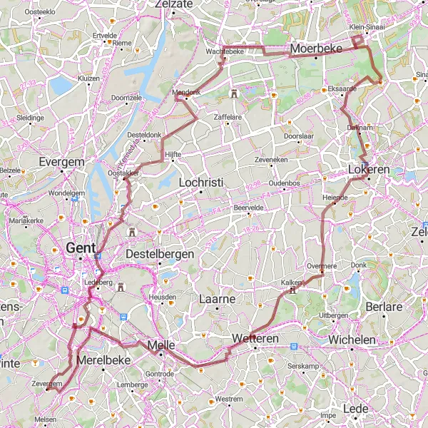 Miniatuurkaart van de fietsinspiratie "Avontuurlijke graveltocht door de omgeving van Schelderode" in Prov. Oost-Vlaanderen, Belgium. Gemaakt door de Tarmacs.app fietsrouteplanner
