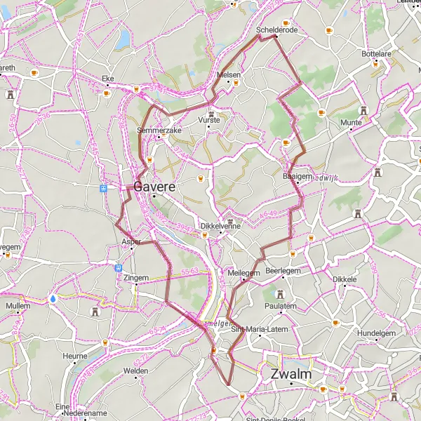 Miniature de la carte de l'inspiration cycliste "Parcours de gravier au départ de Schelderode" dans la Prov. Oost-Vlaanderen, Belgium. Générée par le planificateur d'itinéraire cycliste Tarmacs.app