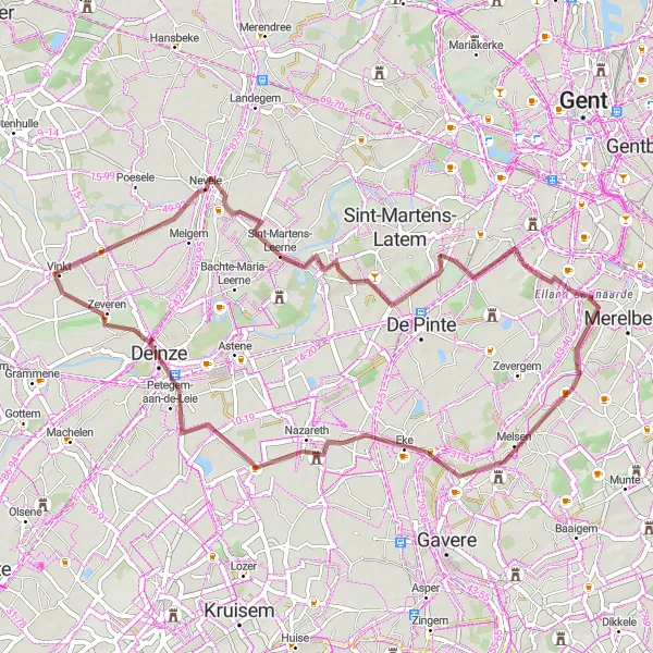 Miniatuurkaart van de fietsinspiratie "Gravelroute rond Schelderode" in Prov. Oost-Vlaanderen, Belgium. Gemaakt door de Tarmacs.app fietsrouteplanner