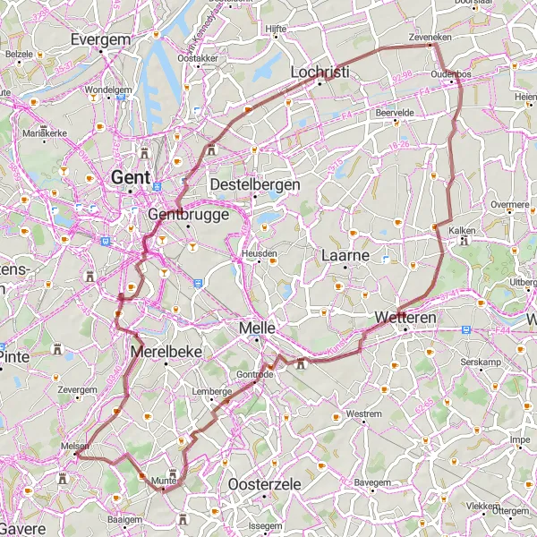 Miniatuurkaart van de fietsinspiratie "Gravelroute rond Schelderode" in Prov. Oost-Vlaanderen, Belgium. Gemaakt door de Tarmacs.app fietsrouteplanner