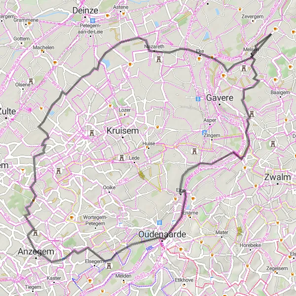 Map miniature of "Flemish Ardennes Trundle" cycling inspiration in Prov. Oost-Vlaanderen, Belgium. Generated by Tarmacs.app cycling route planner