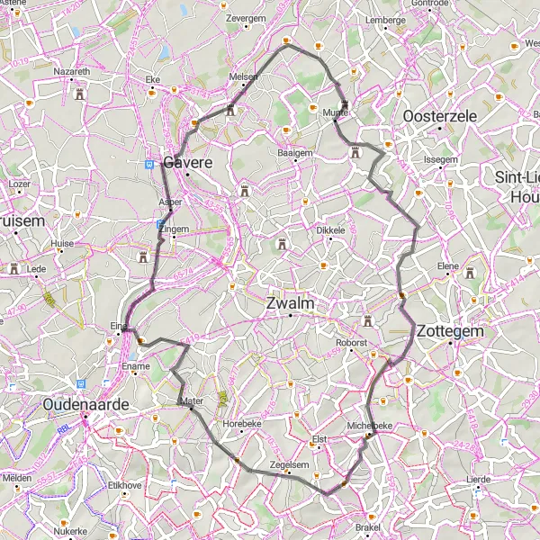 Miniature de la carte de l'inspiration cycliste "Le tour de Munte et au-delà" dans la Prov. Oost-Vlaanderen, Belgium. Générée par le planificateur d'itinéraire cycliste Tarmacs.app